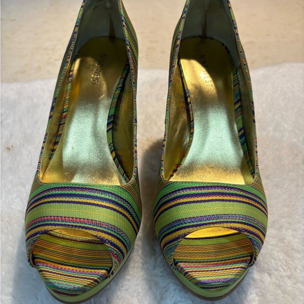 Nine West Striped Yellow and Purple Peep Toe Heels